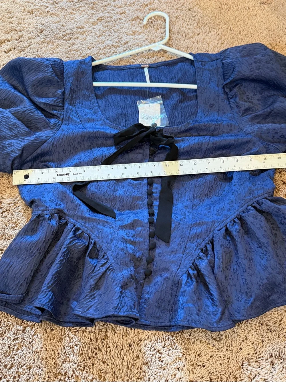 NWT new medium free people Pamela bow blouse top blue buttons puff sleeves